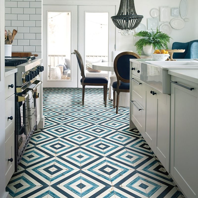 Modern style kitchen with blue tiled mosaic floor from Southwest Floors in Seven Hills, OH